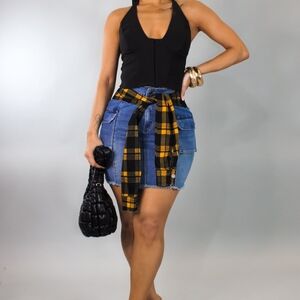 Denim Mini Skirt with Plaid Accent